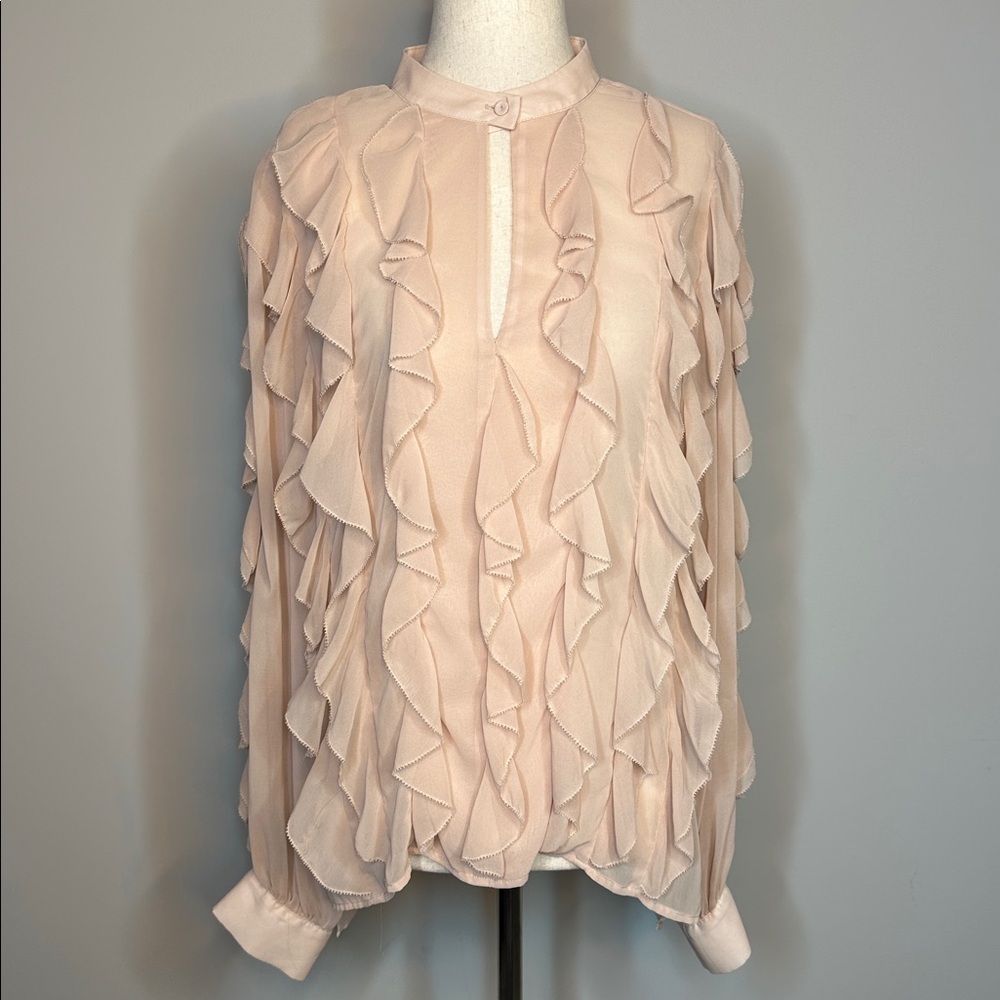 Sz M BCBG Maxazria blush pink ruffled long sleeve key hole sheer blouse